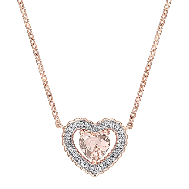 Womens Simulated Pink Morganite 18K Rose Gold Over Silver Heart 18 Inch Pendant Necklace