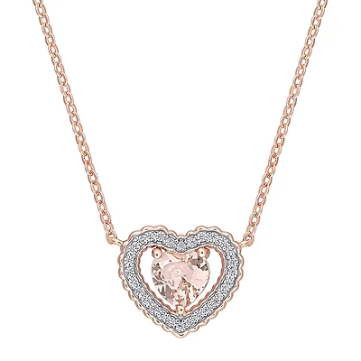 Womens Simulated Pink Morganite 18K Rose Gold Over Silver Heart 18 Inch Pendant Necklace