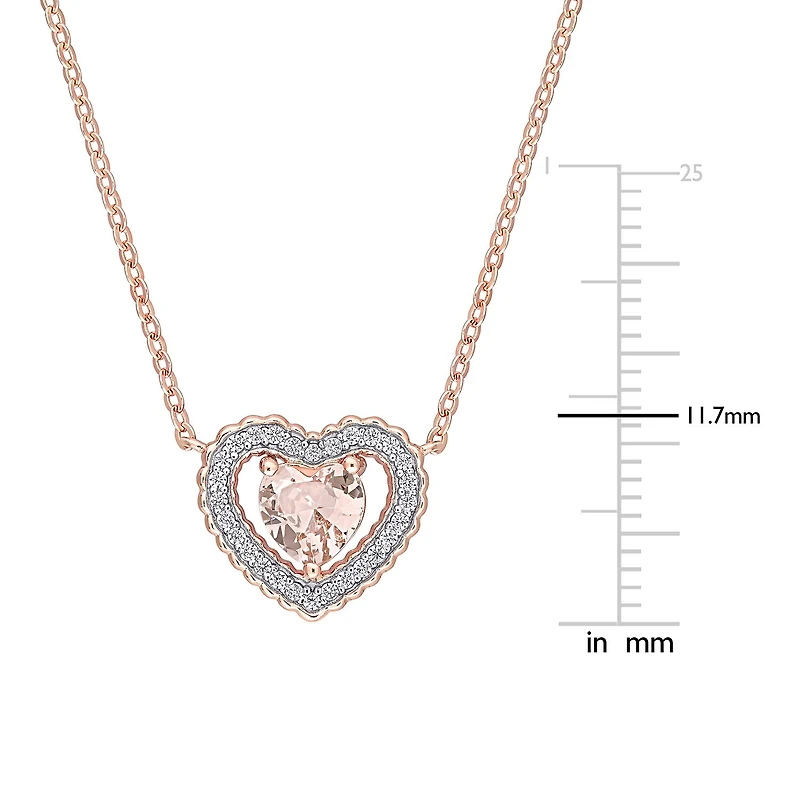 Womens Simulated Pink Morganite 18K Rose Gold Over Silver Heart 18 Inch Pendant Necklace