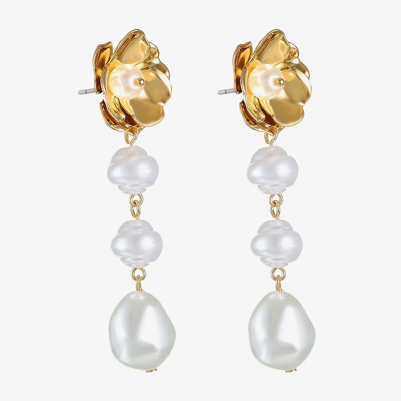 Bijoux Bar Gold Tone Womens Simulated Pearl Flower Hypoallergenic Drop Earrings