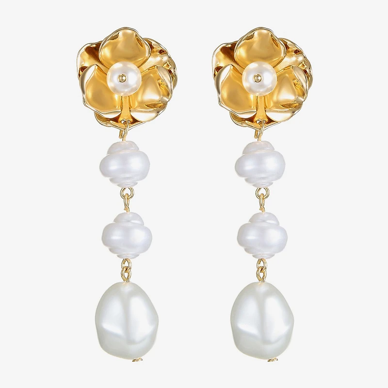 Bijoux Bar Gold Tone Womens Simulated Pearl Flower Hypoallergenic Drop Earrings
