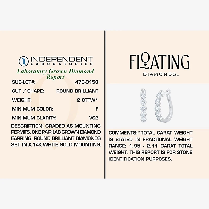 Floating Diamonds (F / Vs2) Womens 2 CT. T.W. Lab Grown White Diamond 14K Gold 19.8mm Hoop Earrings