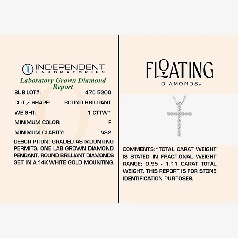 Floating Diamonds (F / Vs2) Womens 1 CT. T.W. Lab Grown White Diamond 14K Gold Cross 18 Inch Pendant Necklace