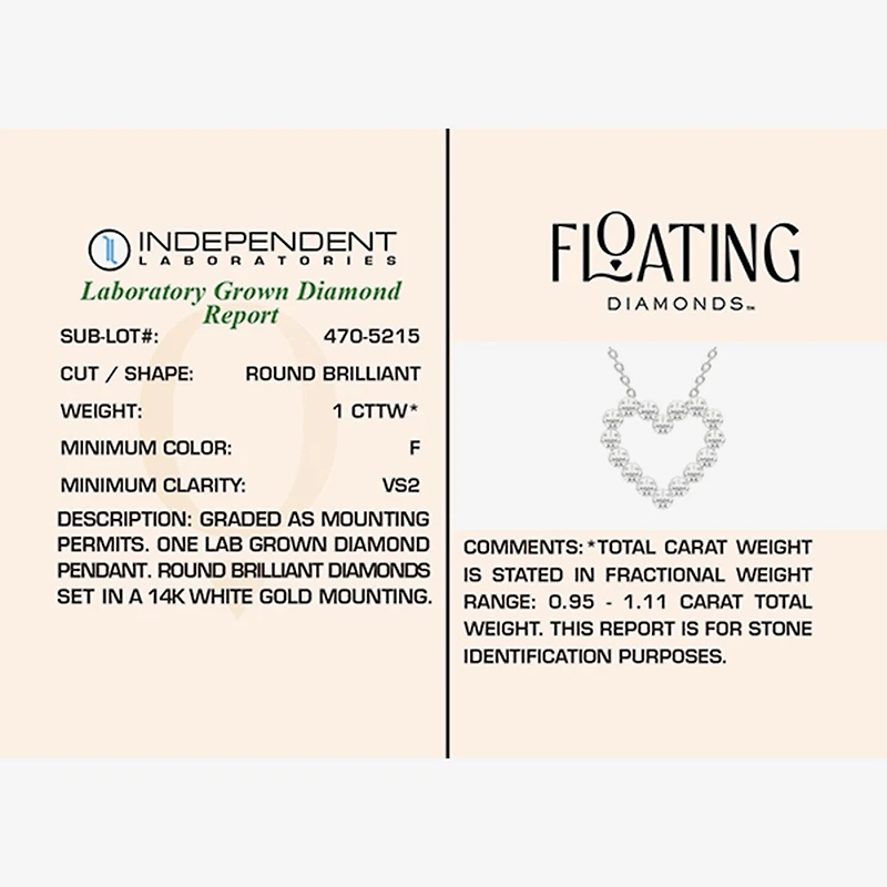 Floating Diamonds (F / Vs2) Womens 1 CT. T.W. Lab Grown White Diamond 14K Gold Heart 18 Inch Pendant Necklace