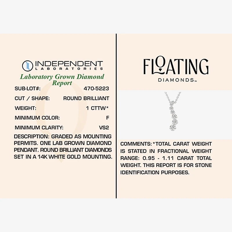 Floating Diamonds (F / Vs2) Womens 1 CT. T.W. Lab Grown White Diamond 14K Gold 18 Inch Pendant Necklace