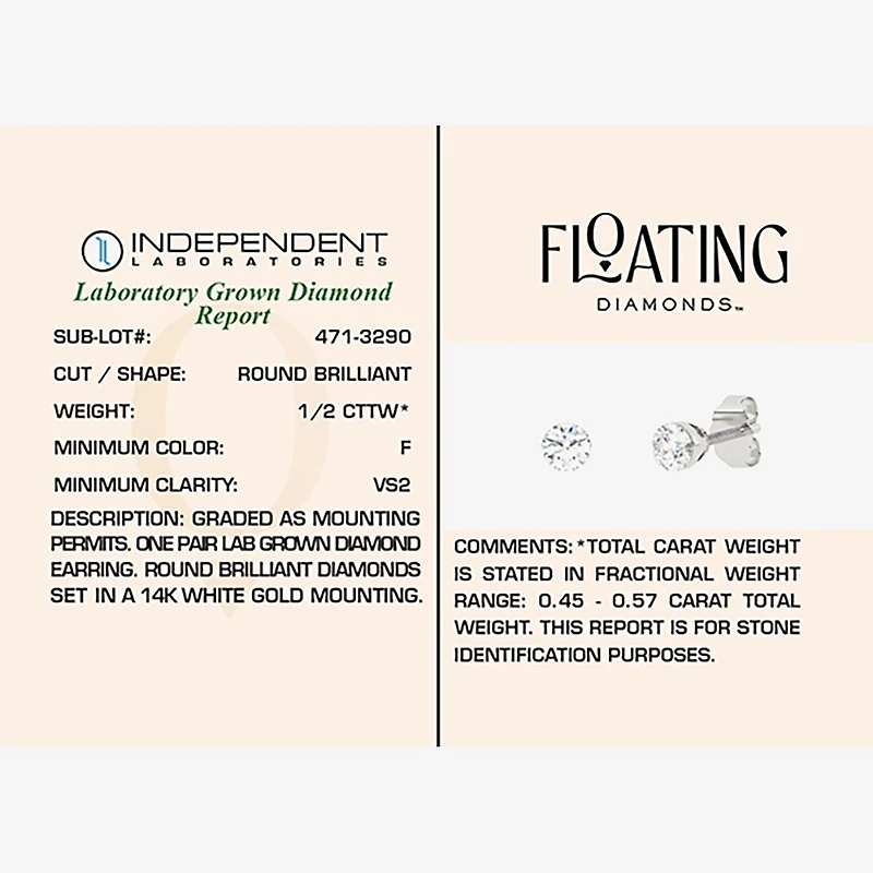 Floating Diamonds (F / Vs2) 1/2 CT. T.W. Lab Grown White Diamond 14K Gold 4.2mm Round Stud Earrings