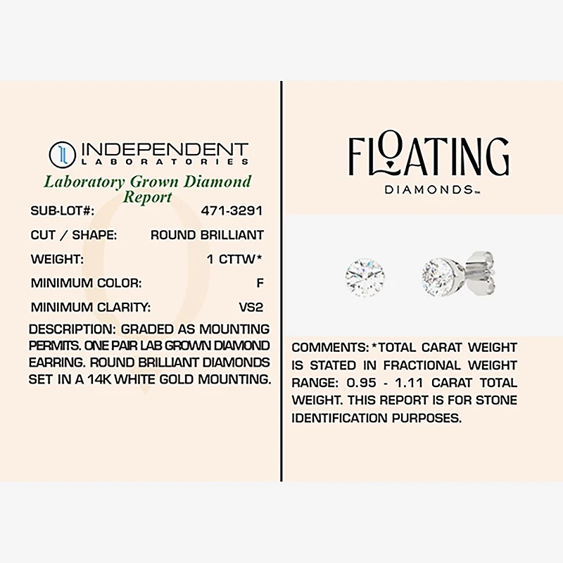 Floating Diamonds (F / Vs2) 1 CT. T.W. Lab Grown White Diamond 14K Gold 5.4mm Round Stud Earrings