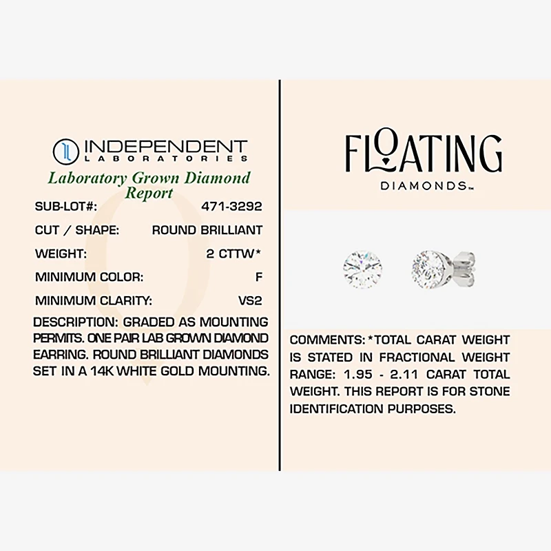 Floating Diamonds (F / Vs2) 2 CT. T.W. Lab Grown White Diamond 14K Gold 6.7mm Round Stud Earrings