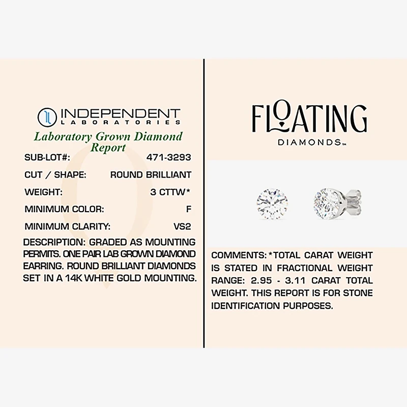 Floating Diamonds (F / Vs2) 3 CT. T.W. Lab Grown White Diamond 14K Gold 7.9mm Round Stud Earrings