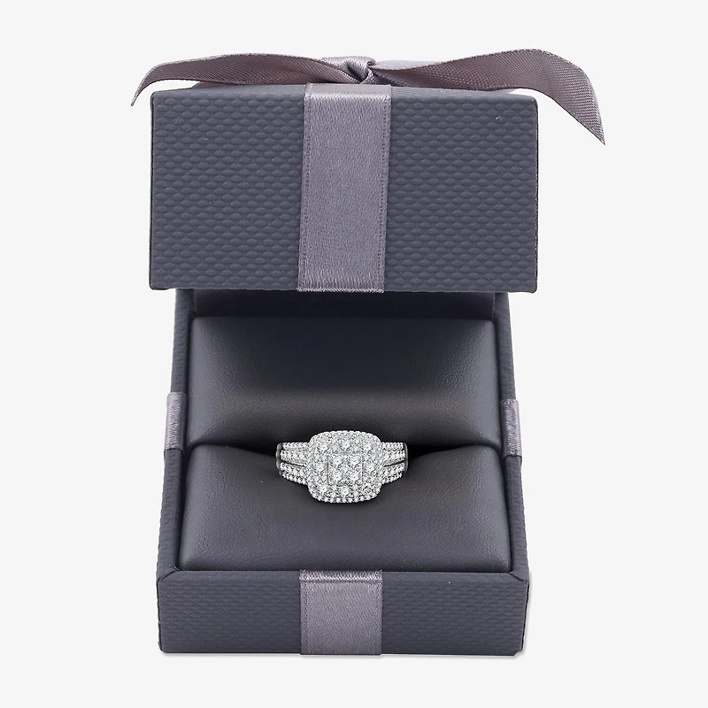 Womens 1 CT. T.W. Lab Grown White Diamond Sterling Silver Cushion Halo Side Stone Cocktail Ring