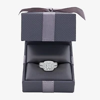 Womens 1 CT. T.W. Lab Grown White Diamond Sterling Silver Cushion Halo Side Stone Cocktail Ring