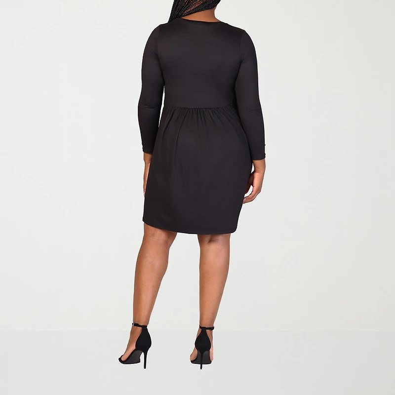24seven Comfort Apparel Womens Plus Scoop Neck Long Sleeve A-Line Dress