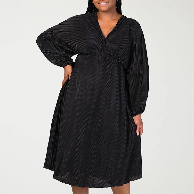 24seven Comfort Apparel Womens Plus Midi V Neck Long Sleeve A-Line Dress