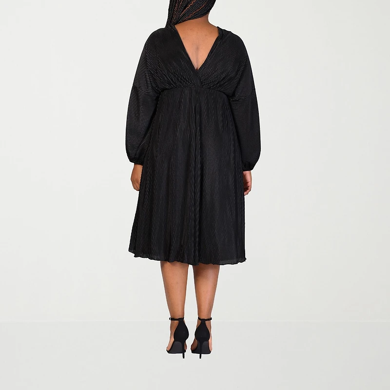 24seven Comfort Apparel Womens Plus Midi V Neck Long Sleeve A-Line Dress