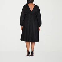 24seven Comfort Apparel Womens Plus Midi V Neck Long Sleeve A-Line Dress