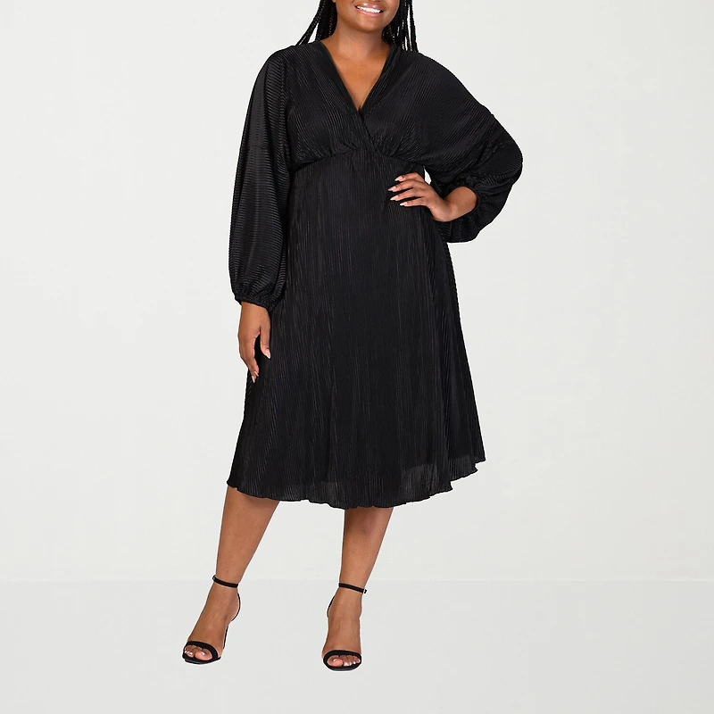 24seven Comfort Apparel Womens Plus Midi V Neck Long Sleeve A-Line Dress