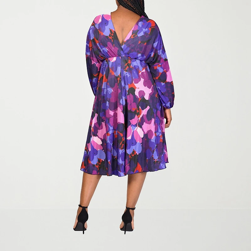 24seven Comfort Apparel Womens Plus Midi V Neck Long Sleeve A-Line Dress
