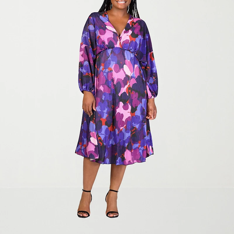 24seven Comfort Apparel Womens Plus Midi V Neck Long Sleeve A-Line Dress