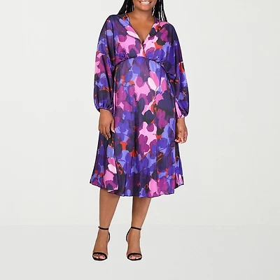 24seven Comfort Apparel Womens Plus Midi V Neck Long Sleeve A-Line Dress