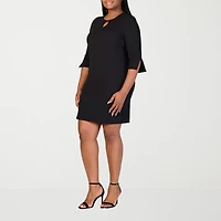 24seven Comfort Apparel Womens Plus Keyhole Neck Elbow Sleeve Shift Dress
