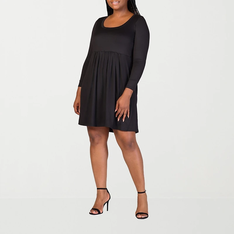 24seven Comfort Apparel Womens Plus Scoop Neck Long Sleeve A-Line Dress