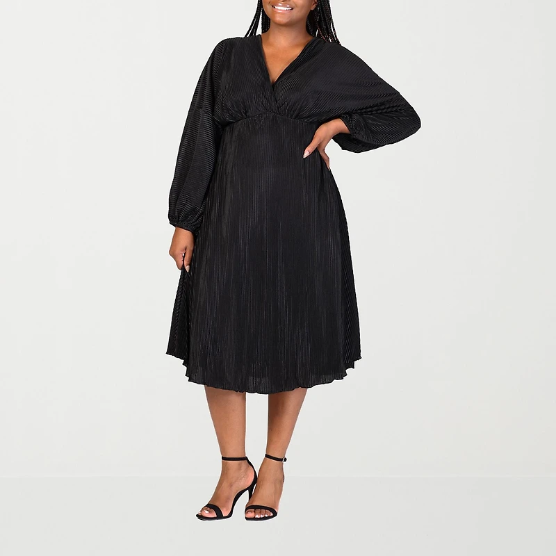 24seven Comfort Apparel Womens Plus Midi V Neck Long Sleeve A-Line Dress