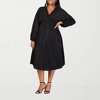 24seven Comfort Apparel Womens Plus Midi V Neck Long Sleeve A-Line Dress