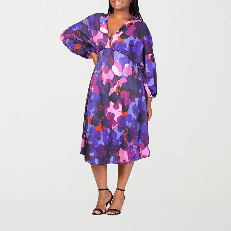 24seven Comfort Apparel Womens Plus Midi V Neck Long Sleeve A-Line Dress