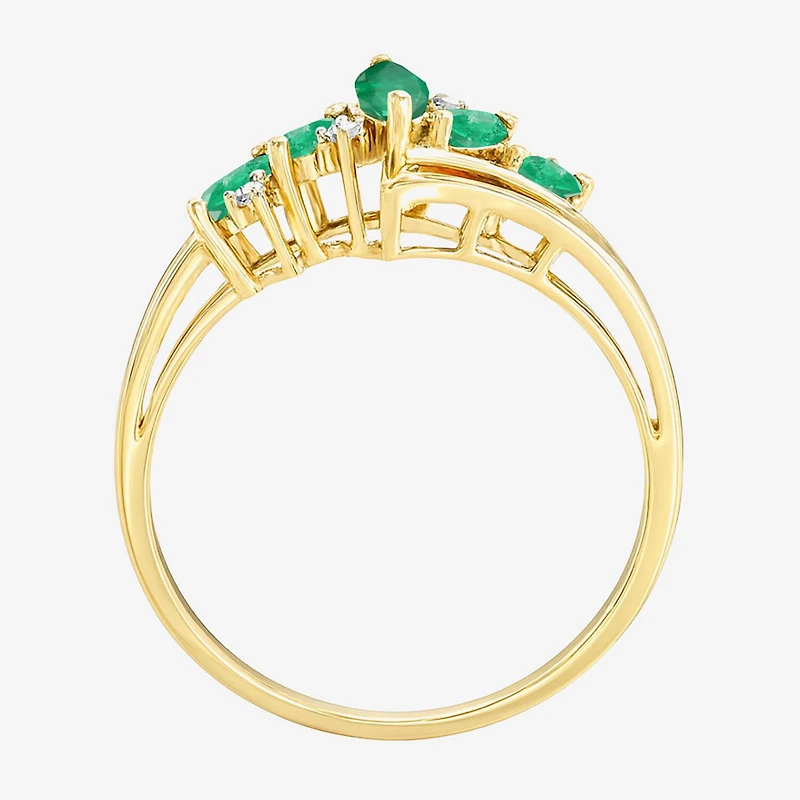 (J-K/I2-I3) Womens Diamond Accent Genuine Green Emerald 10K Gold Marquise Side Stone Bypass Cocktail Ring