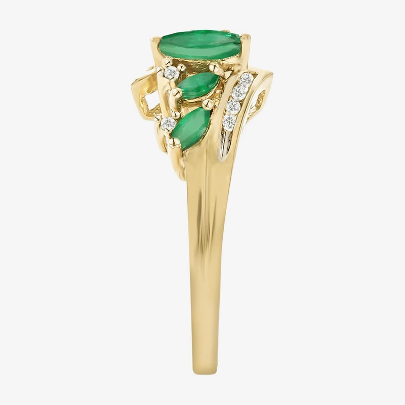 (J-K/I2-I3) Womens Diamond Accent Genuine Green Emerald 10K Gold Marquise Side Stone Bypass Cocktail Ring
