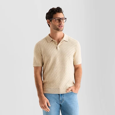 mutual weave Interwoven Mens Short Sleeve Button Polo Sweater