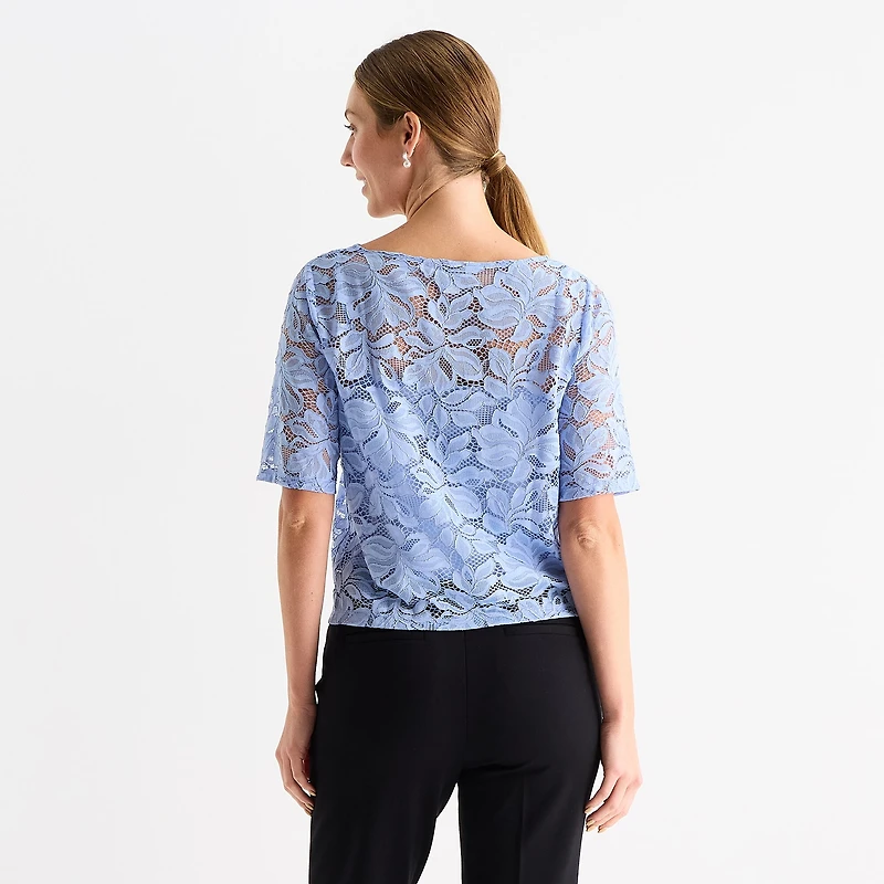 Liz Claiborne Womens Boat Neck Elbow Sleeve Lace Blouse