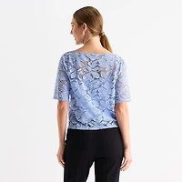 Liz Claiborne Womens Boat Neck Elbow Sleeve Lace Blouse