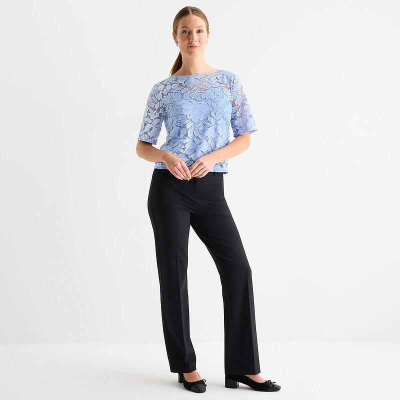 Liz Claiborne Womens Boat Neck Elbow Sleeve Lace Blouse