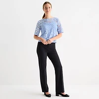 Liz Claiborne Womens Boat Neck Elbow Sleeve Lace Blouse