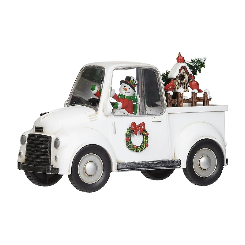 Roman 5"H Lighted Swirl White Truck With Snowman Christmas Tabletop Decor