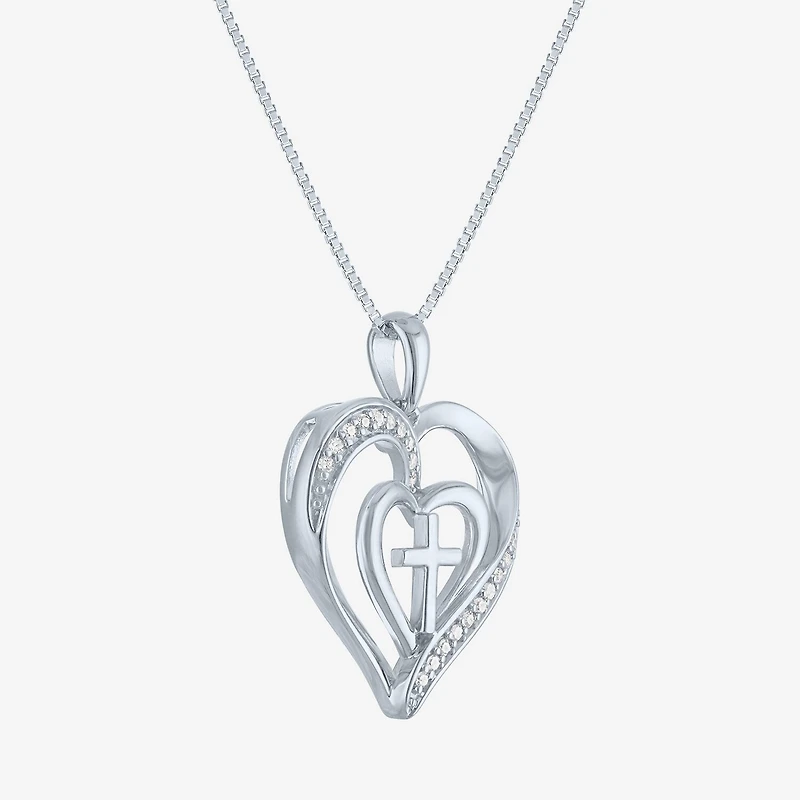 Cross (G-H / Si2-I1) Womens 1/10 CT. T.W. Lab Grown White Diamond Sterling Silver Heart 18 Inch Pendant Necklace