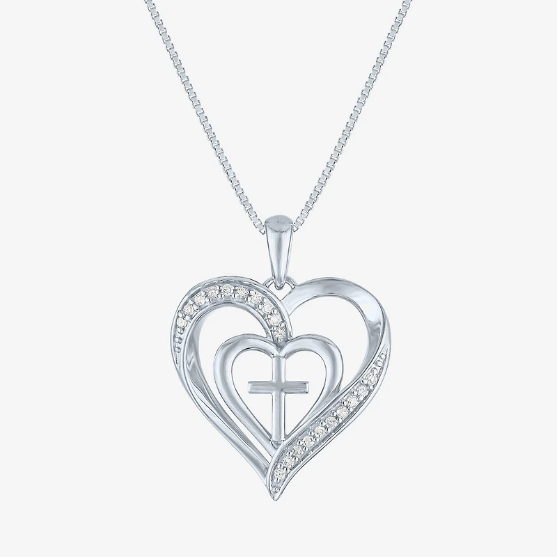 Womens 1/10 CT. T.W. Natural White Diamond Sterling Silver Cross Heart 18 Inch Pendant Necklace