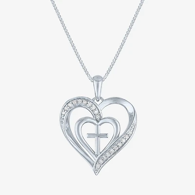 Womens 1/10 CT. T.W. Natural White Diamond Sterling Silver Cross Heart 18 Inch Pendant Necklace
