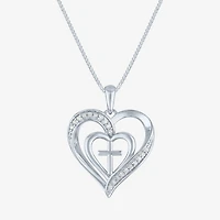 Womens 1/10 CT. T.W. Natural White Diamond Sterling Silver Cross Heart 18 Inch Pendant Necklace