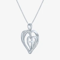 Womens 1/10 CT. T.W. Natural White Diamond Sterling Silver Cross Heart 18 Inch Pendant Necklace