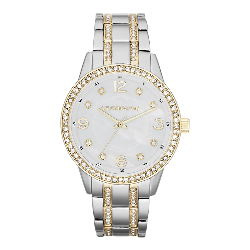 Liz Claiborne® Womens Two-Tone Crystal Large-Scale Watch