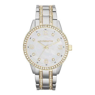 Liz Claiborne® Womens Two-Tone Crystal Large-Scale Watch