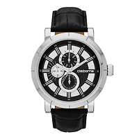 Claiborne® Mens Black and Silver-Tone Croc-Pattern Leather Strap Watch