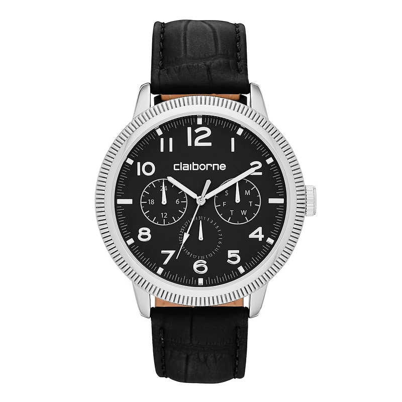 Claiborne® Mens Black and Silver-Tone Coin Edge Leather Watch
