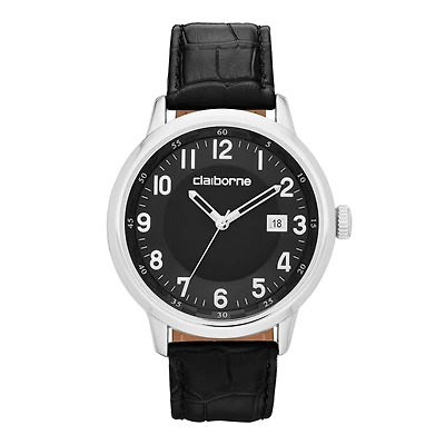 Claiborne® Mens Black and Silver-Tone Croc-Pattern Leather Watch