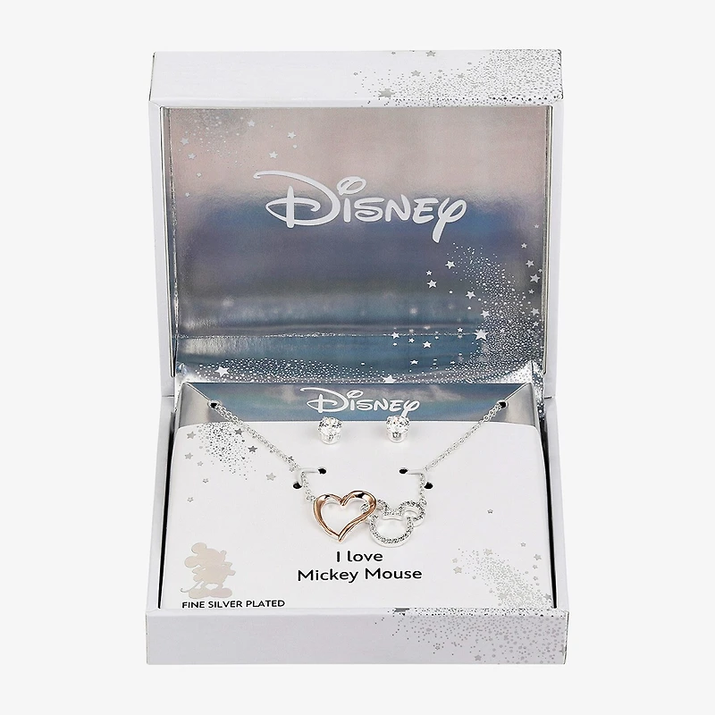 Disney Classics Womens Cubic Zirconia 14k Rose Gold Over Brass Pure Silver Over Brass Heart Mickey Mouse 2-pc. Jewelry Set