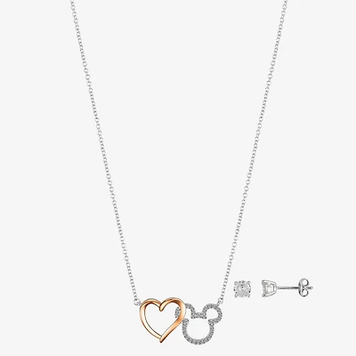 Disney Classics Womens Cubic Zirconia 14k Rose Gold Over Brass Pure Silver Over Brass Heart Mickey Mouse 2-pc. Jewelry Set