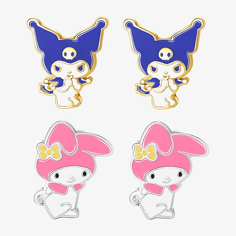 Womens 18K Gold Over Brass Hello Kitty Kuromi My Melody 2 Pair Earring Set