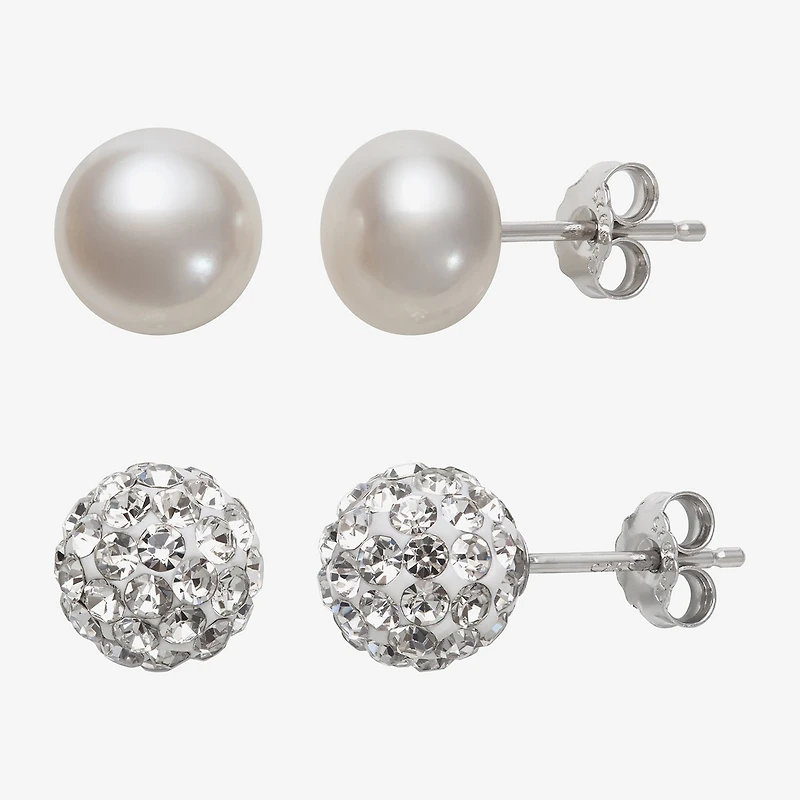 Womens Genuine White Cultured Freshwater Pearl Sterling Silver Earring Set
